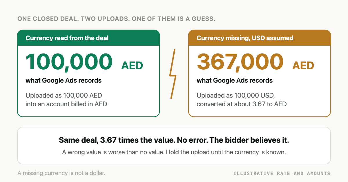 One closed deal worth 100,000 dirhams. Uploaded with its currency, Google Ads records AED 100,000. Uploaded with the currency assumed to be USD, it records about AED 367,000. The exchange rate is illustrative.